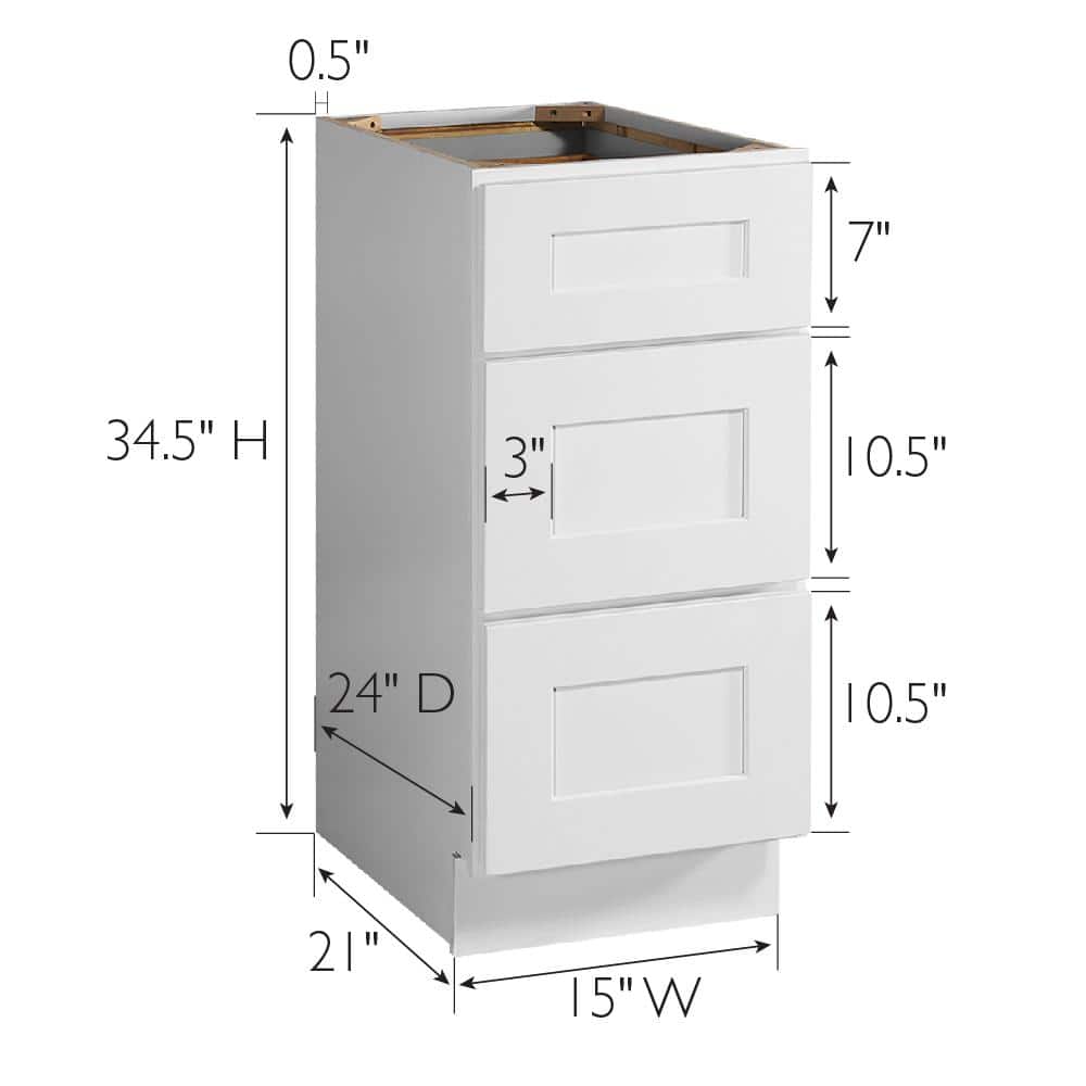 Design House Brookings Solid Wood Assembled Shaker 15 in. x 34.5 in. x 24 in. 3 Drawer Base Kitchen Cabinet with 3DB15 in White