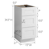 Design House Brookings Solid Wood Assembled Shaker 15 in. x 34.5 in. x 24 in. 3 Drawer Base Kitchen Cabinet with 3DB15 in White