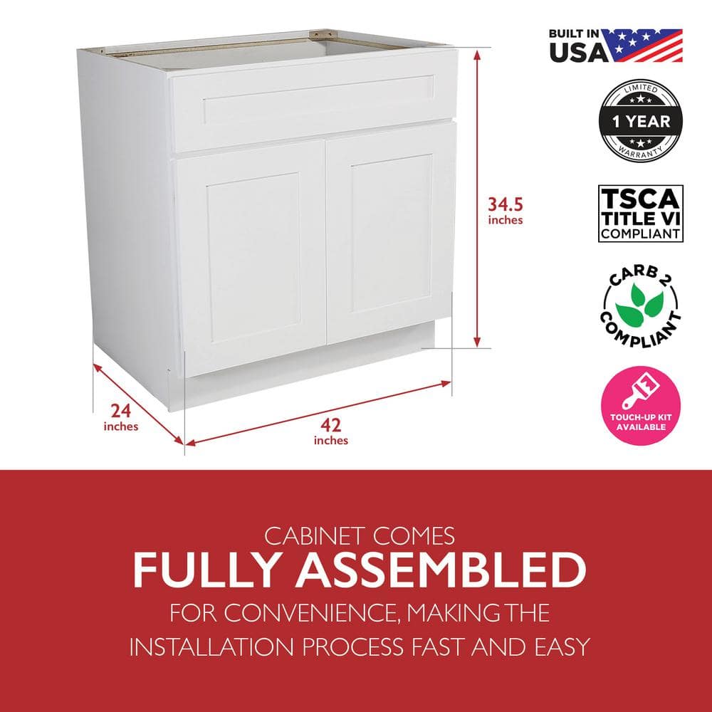 Design House Brookings Solid Wood Assembled Shaker 42 in. x 34.5 in. x 24 in. 2 Door Sink Base Kitchen Cabinet SB42 in White