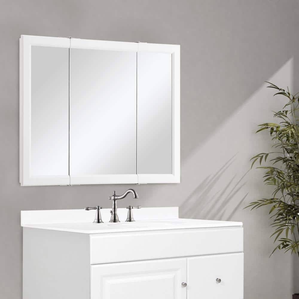 Design House Wyndham 36 in. W x 30 in. H x 4-3/4 in. D Framed Tri-View Surface-Mount Bathroom Medicine Cabinet in White Semi-Gloss