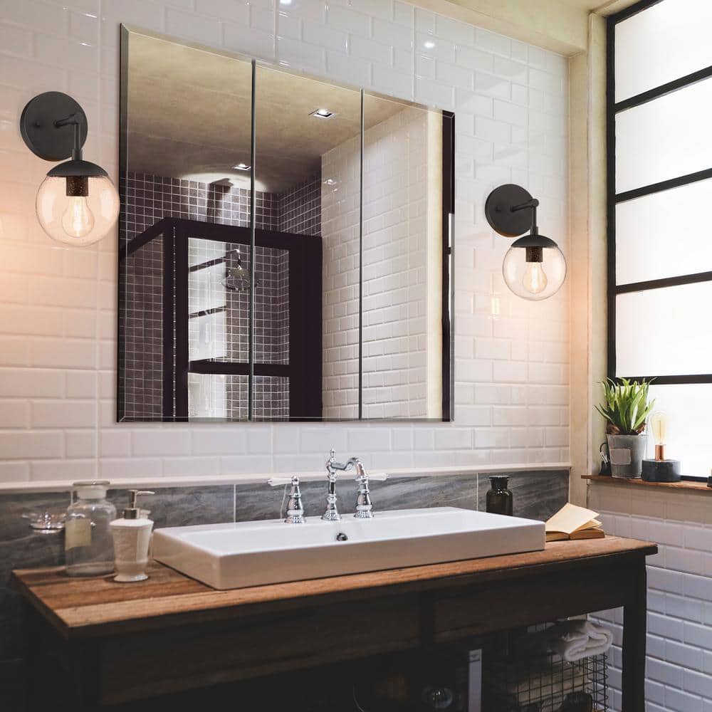 Design House Cyprus 30.4 in. W x 30.1 in. H Assembled Frameless Tri-View Recessed/Surface Mount Medicine Cabinet with Mirrors