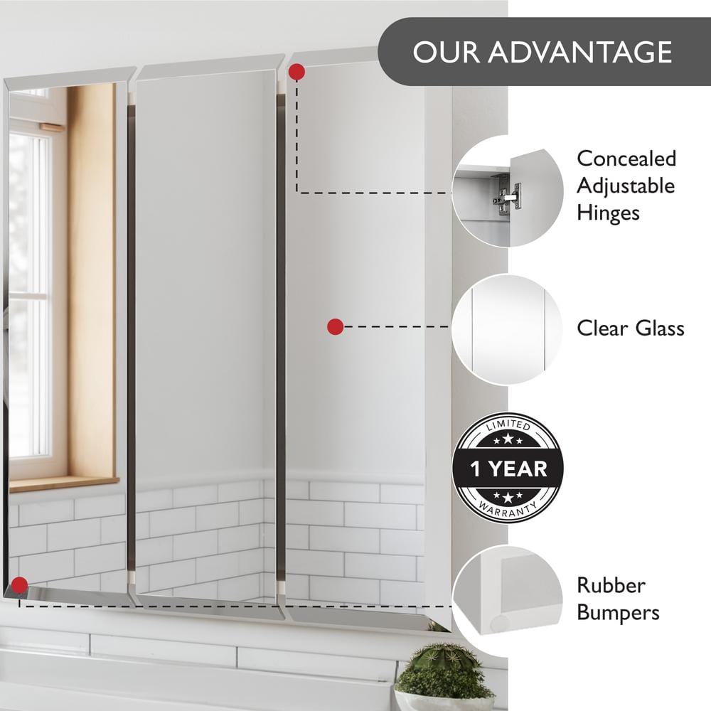 Design House Cyprus 30.4 in. W x 30.1 in. H Assembled Frameless Tri-View Recessed/Surface Mount Medicine Cabinet with Mirrors