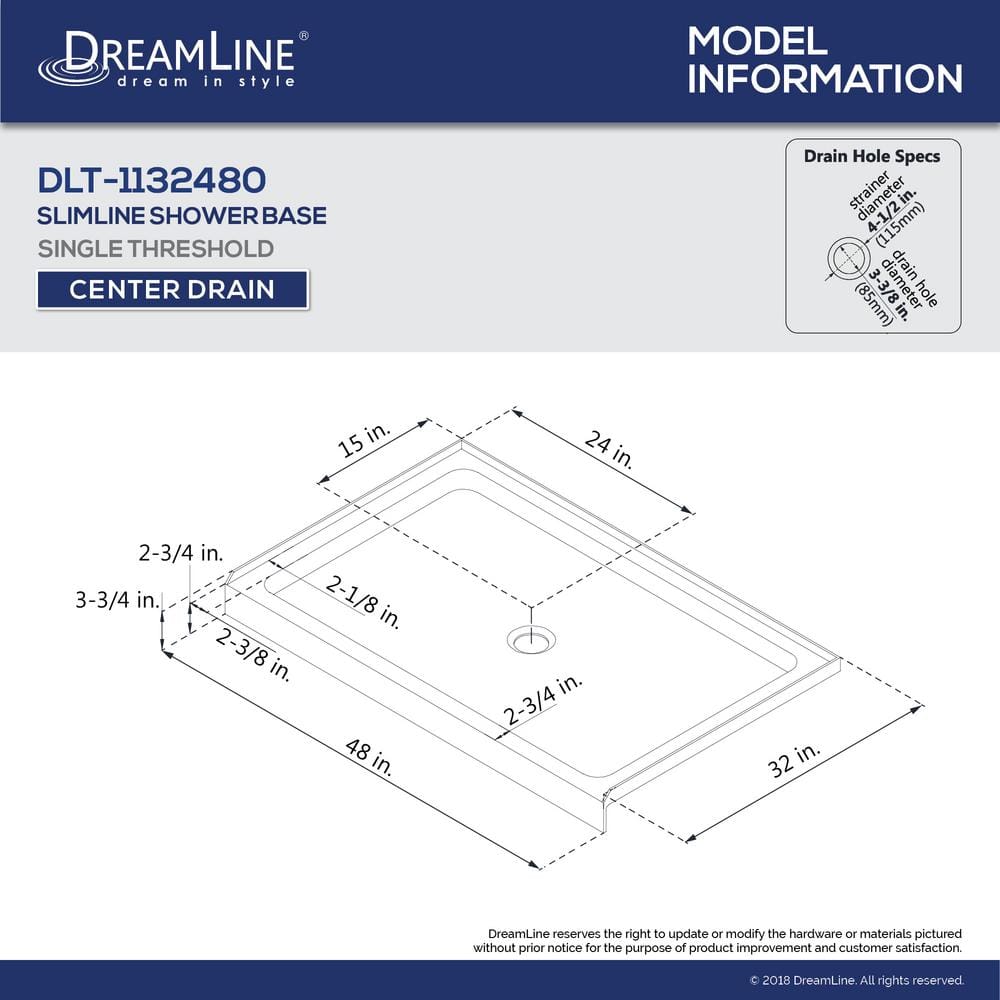 DreamLine SlimLine 48 in. W x 32 in. D Single Threshold Shower Base, Center Drain, White