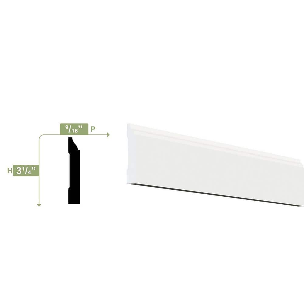 Ekena Millwork 3-1/4 in. x 1/2 in. x 96 in. Base Moulding, PVC (8-Pack)