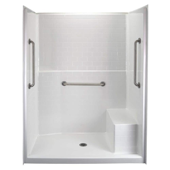 Classic 60 in. x 35 in. x 81 in. 1-Piece Subway Tile Shower Stall in White, RHS Molded Seat, Grab Bars, Center Drain