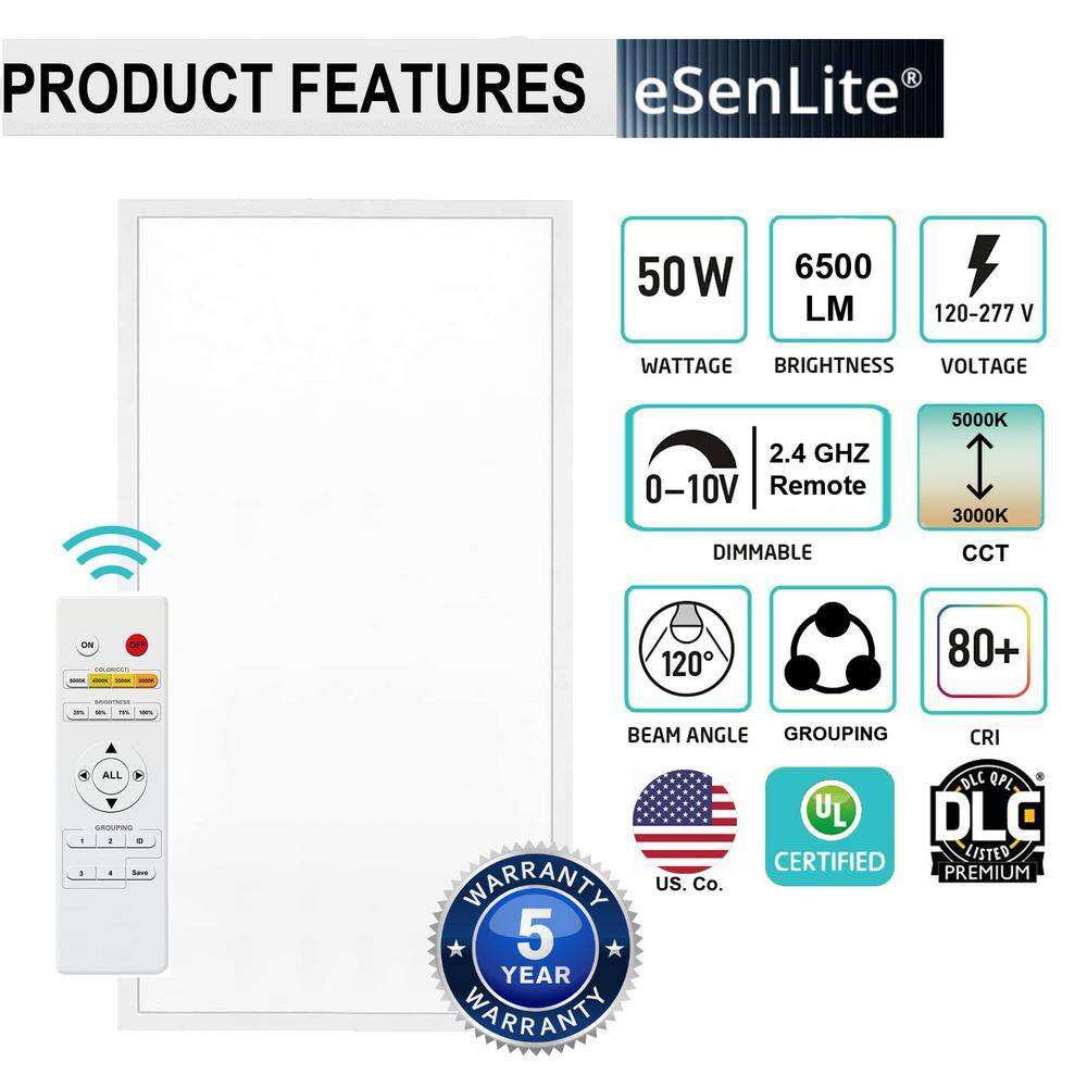 eSenLite 2 ft. x 4 ft. Integrated LED Panel Light Troffer Backlit 6500LM 630W Equivalent White Dim CCT Color Changeable (8-PC)