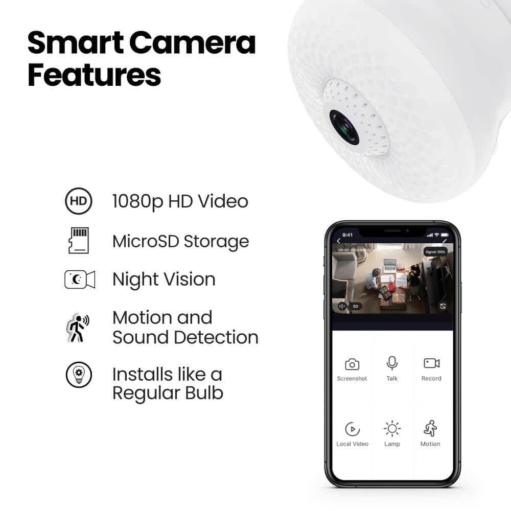 Feit Electric HD 1080P 10-Watt A23 LED Wi-Fi Smart IP Surveillance Home Security Camera Light Bulb, No Hub Required, Daylight (4-Pack)