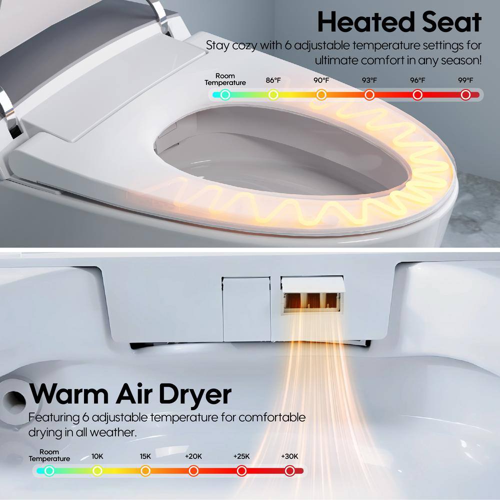 FORCLOVER 12-in-1 Dual Flush Elongated Smart Toilet with Heated Seat & Dryer in White