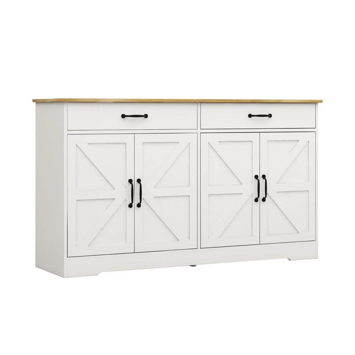 FUNKOL 55.91inx15.75inx32.09in MDF Ready to Assemble Kitchen Cabinet in White with 2 Drawers and 4 Doors with X