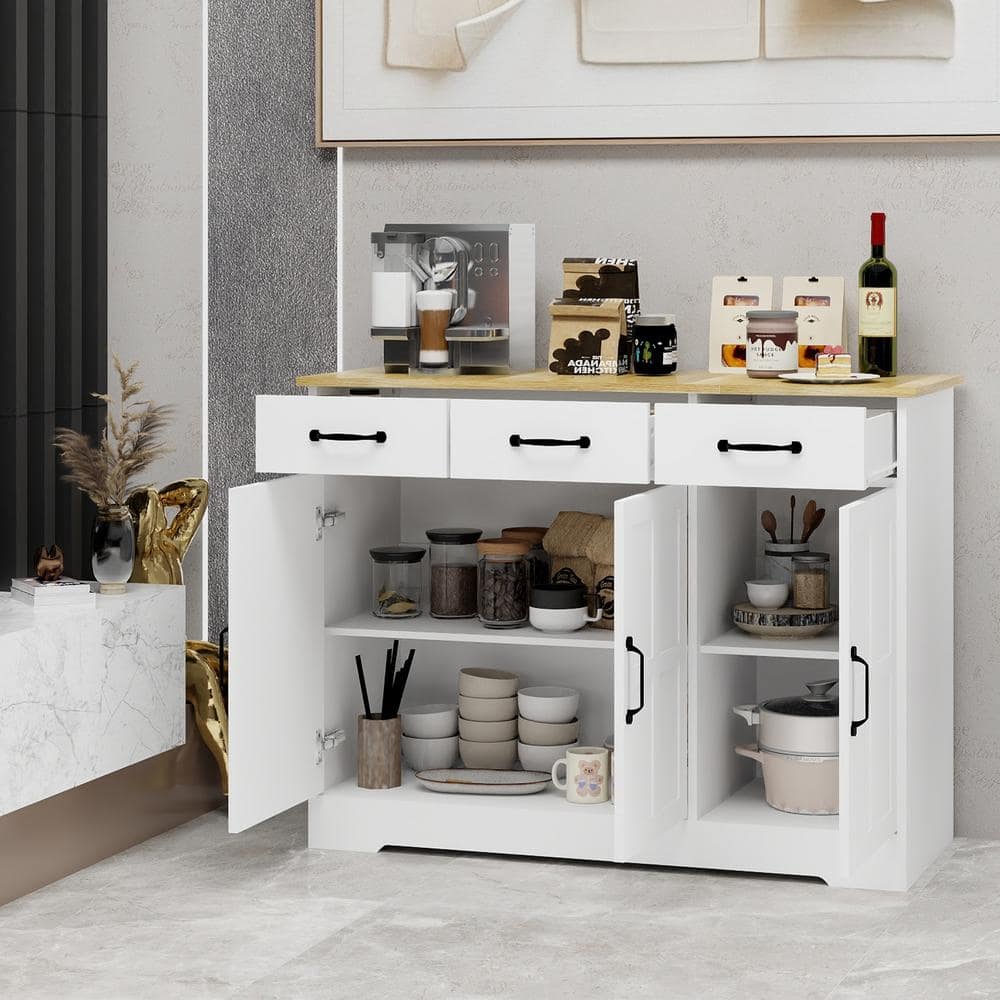 FUNKOL 42.72-in W x 15.35-in D x 32.09-in H in MDF Ready to Assemble Kitchen Cabinet in White with 3 Drawers and 3 Doors
