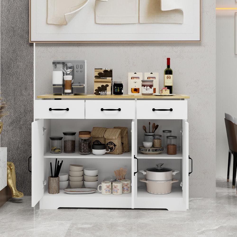FUNKOL 42.72-in W x 15.35-in D x 32.09-in H in MDF Ready to Assemble Kitchen Cabinet in White with 3 Drawers and 3 Doors