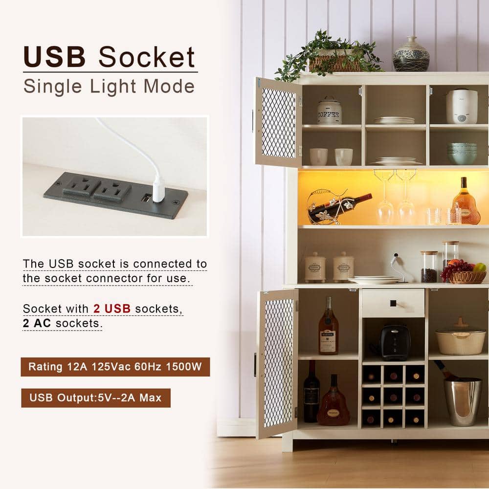 FUNKOL 41.73 in. x 15.75 in. x 70.87 in. White MDF Kitchen Storage Cabinet with LED Outlet, Wine Rack and 4-Doors