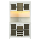 FUNKOL 41.73 in. x 15.75 in. x 70.87 in. White MDF Kitchen Storage Cabinet with LED Outlet, Wine Rack and 4-Doors