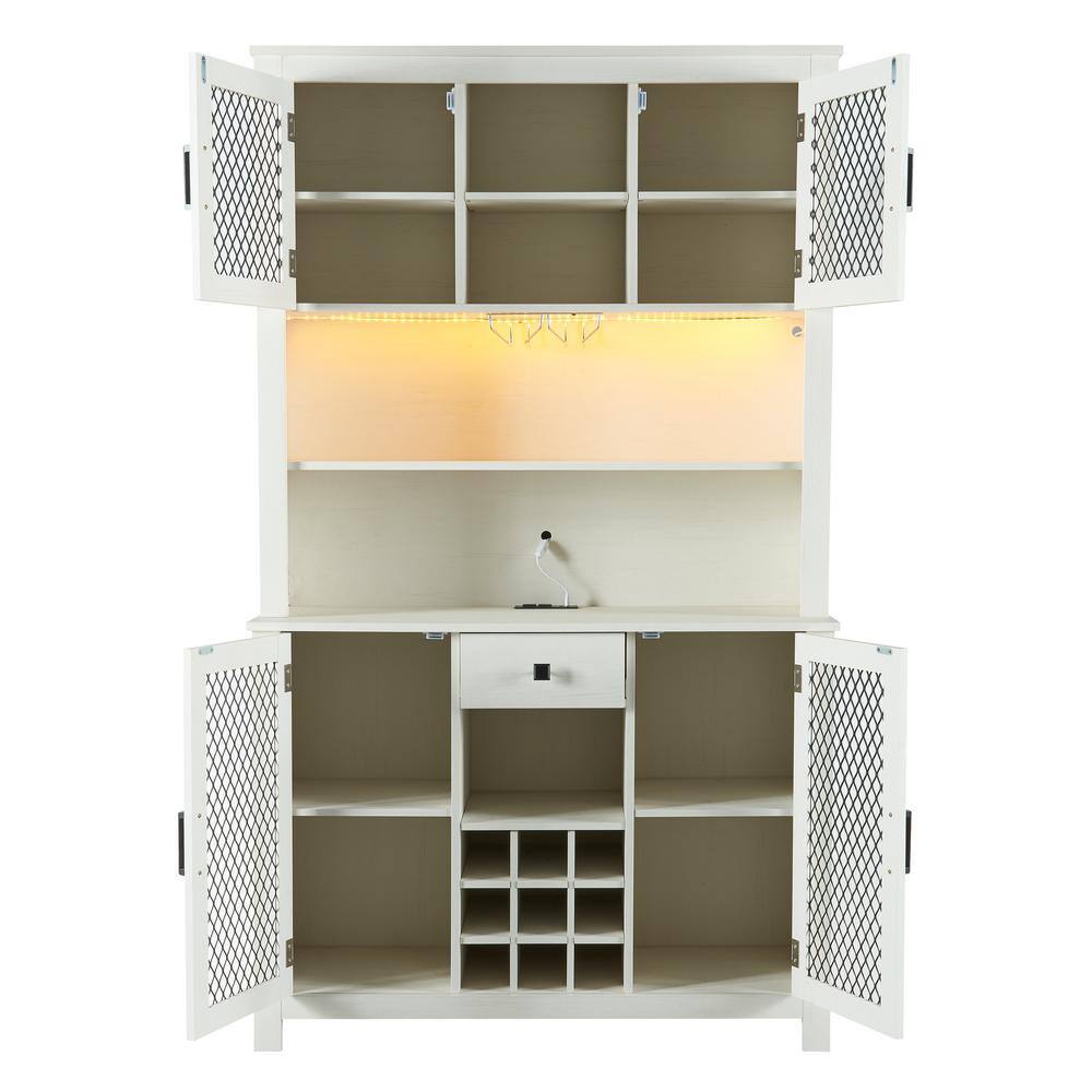 FUNKOL 41.73 in. x 15.75 in. x 70.87 in. White MDF Kitchen Storage Cabinet with LED Outlet, Wine Rack and 4-Doors
