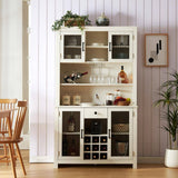 FUNKOL 41.73 in. x 15.75 in. x 70.87 in. White MDF Kitchen Storage Cabinet with LED Outlet, Wine Rack and 4-Doors