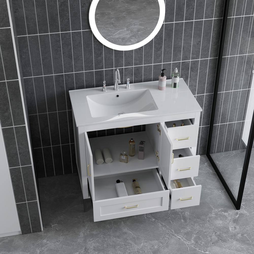 FUNKOL 36 in. x 18.3 in. x 32.9 in. White MDF Rectangle Bathroom Vanity Cabinet Ready to Assembly, Solid Wood Plus