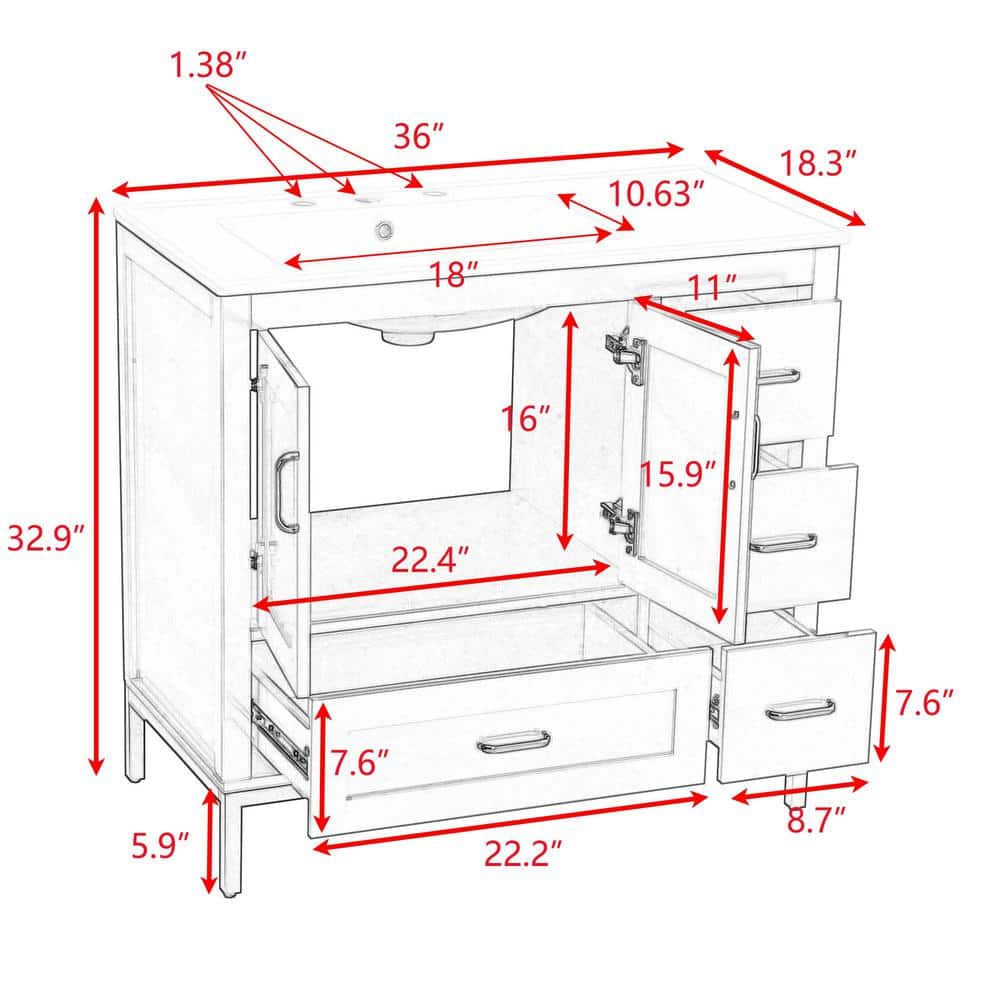 FUNKOL 36 in. x 18.3 in. x 32.9 in. White MDF Rectangle Bathroom Vanity Cabinet Ready to Assembly, Solid Wood Plus
