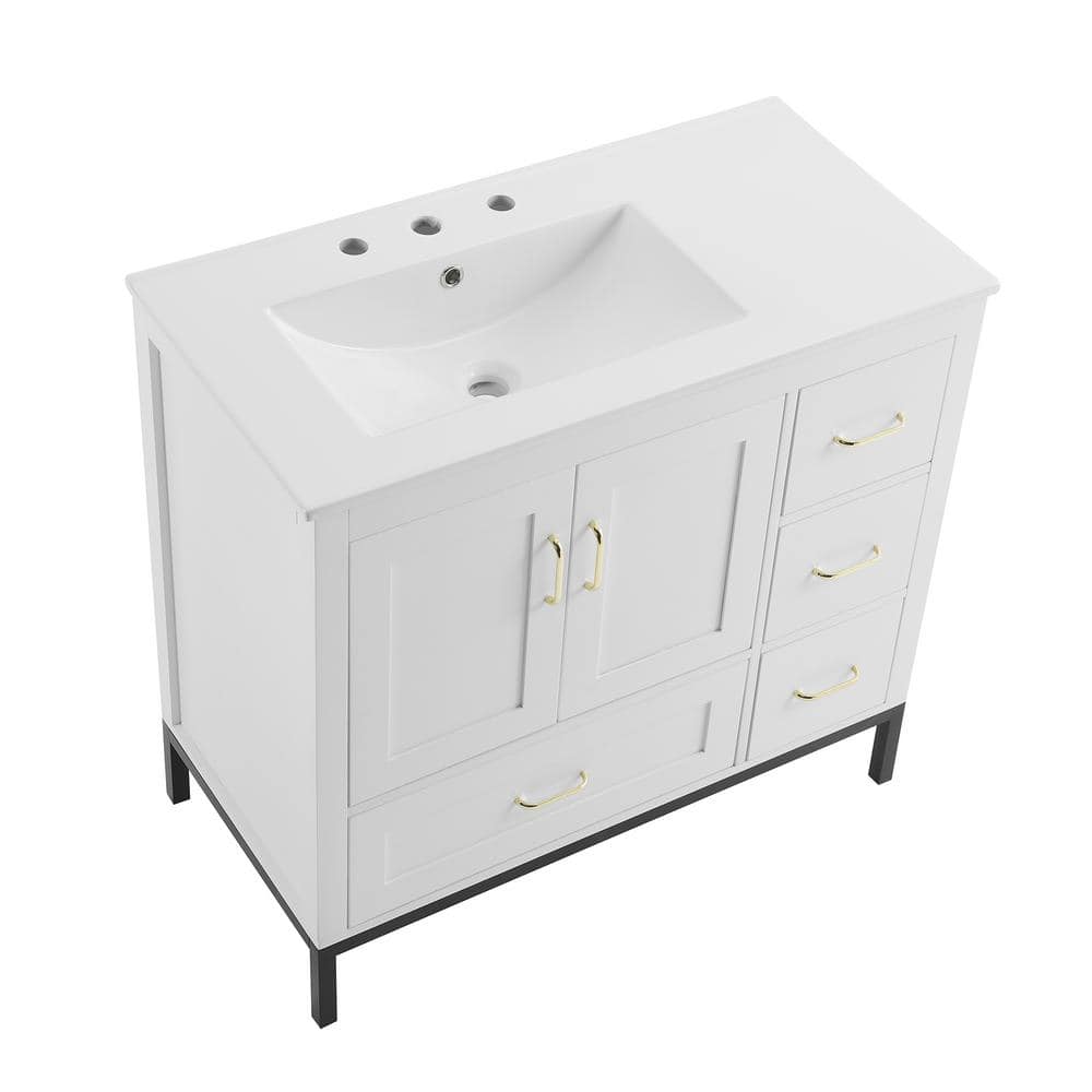 FUNKOL 36 in. x 18.3 in. x 32.9 in. White MDF Rectangle Bathroom Vanity Cabinet Ready to Assembly, Solid Wood Plus