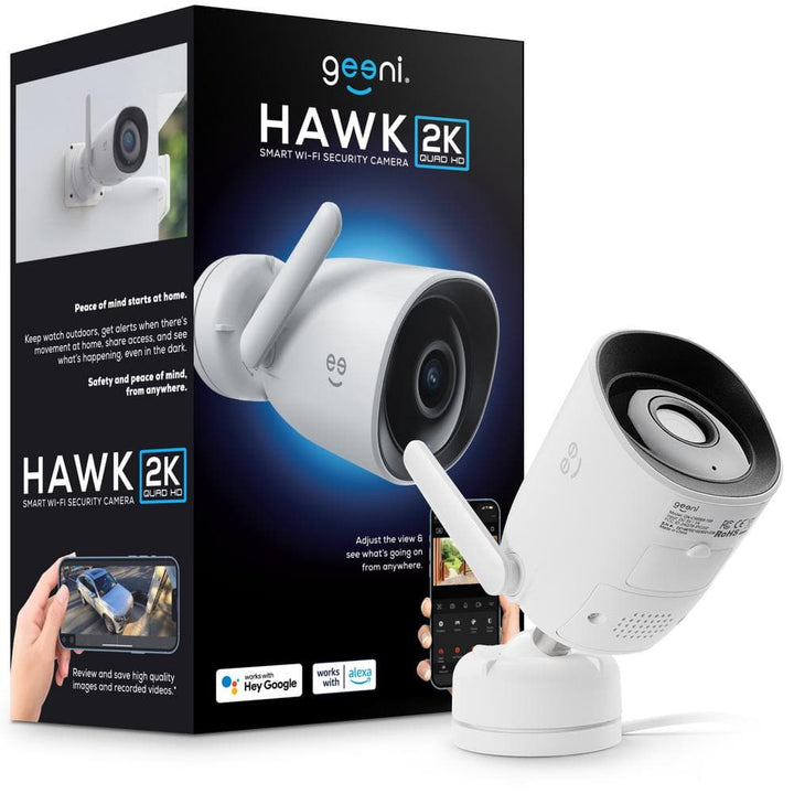 Geeni Hawk 2K Wired Outdoor Smart Plug-In Security Camera, 2.4 GHz Wi-Fi, Color Night Vision, 2-Way Audio, Voice Control White