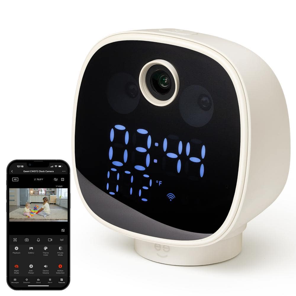 Geeni Serenity Smart Plug-In Clock Security Camera, Indoor 1080P Wi-Fi Monitor, 2-Way Audio, Night Light
