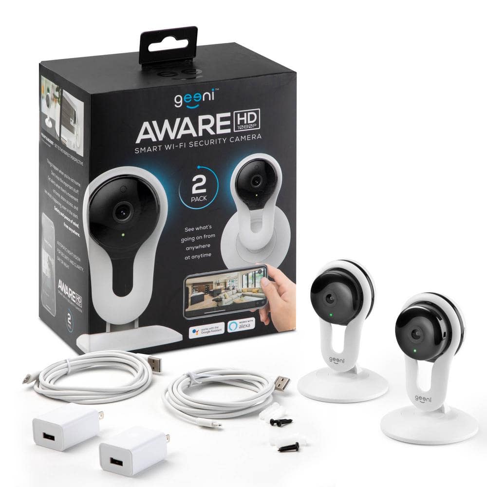 Geeni Aware 1080p HD Wireless Wi-Fi Standard Surveillance Camera Night Vision Motion Alerts Alexa Compatible White (2-Pack)