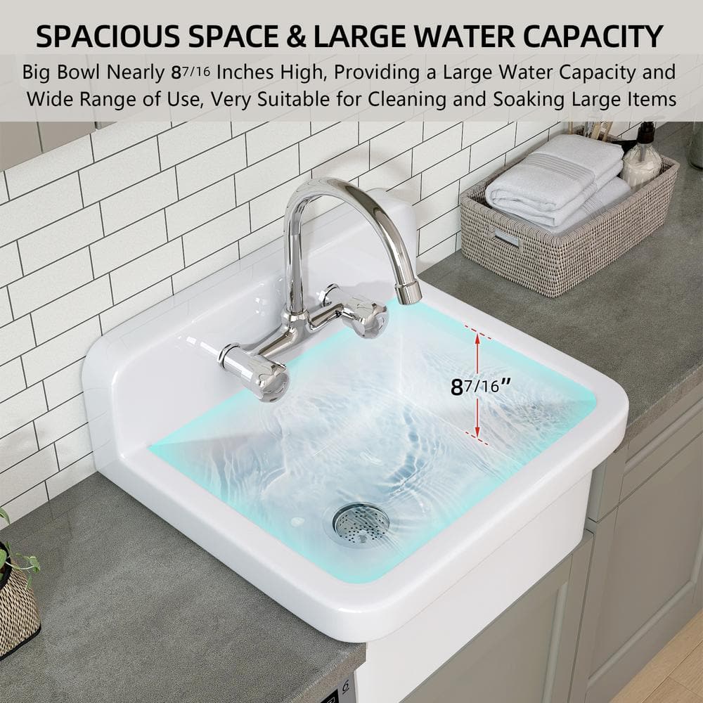 Getpro 24 in. Wall Mount Laundry Utility Sink in White - Farmhouse Ceramic with Bracket & Strainer