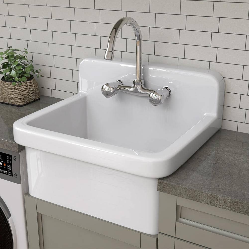 Getpro 24 in. Wall Mount Laundry Utility Sink in White - Farmhouse Ceramic with Bracket & Strainer