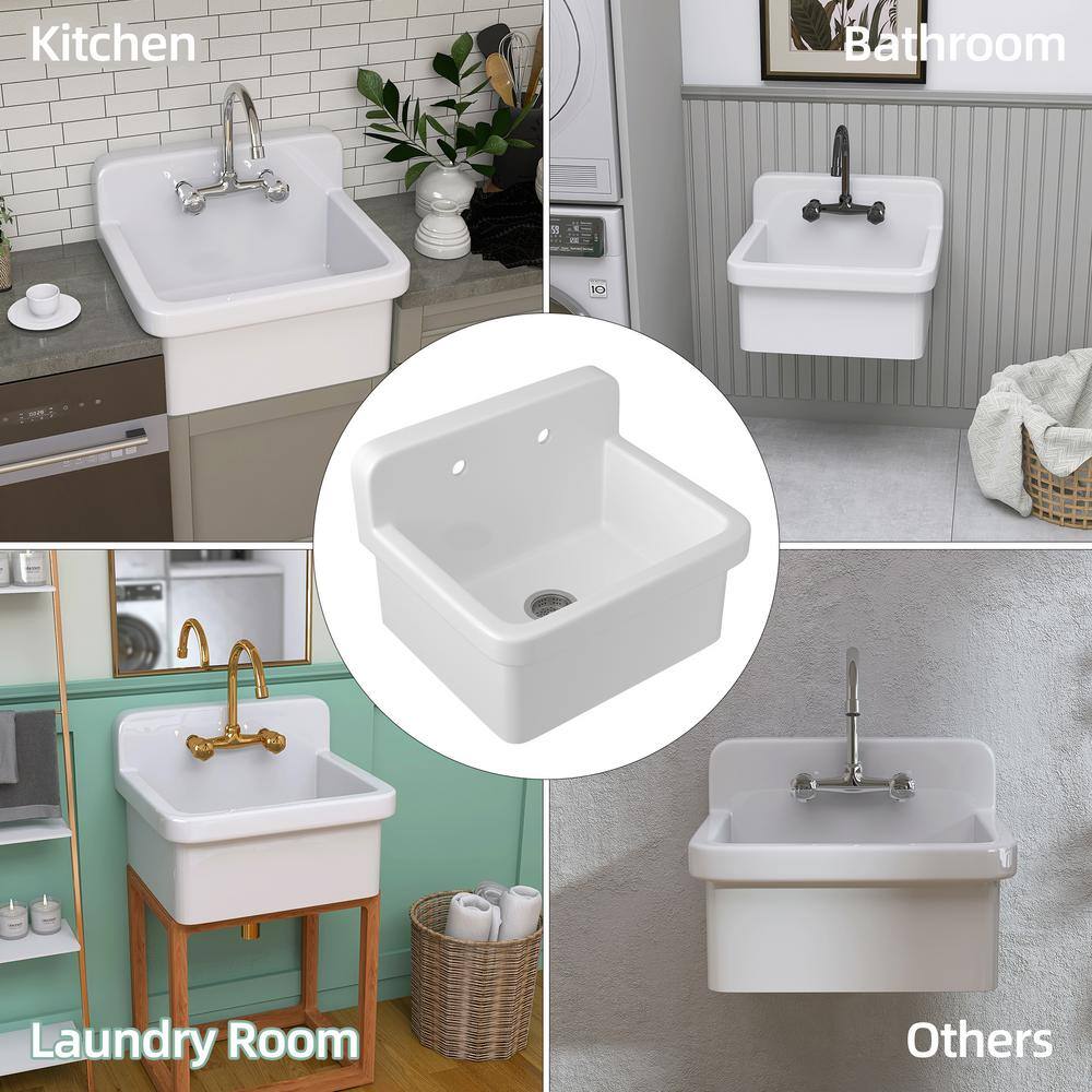 Getpro 24 in. Wall Mount Laundry Utility Sink in White - Farmhouse Ceramic with Bracket & Strainer