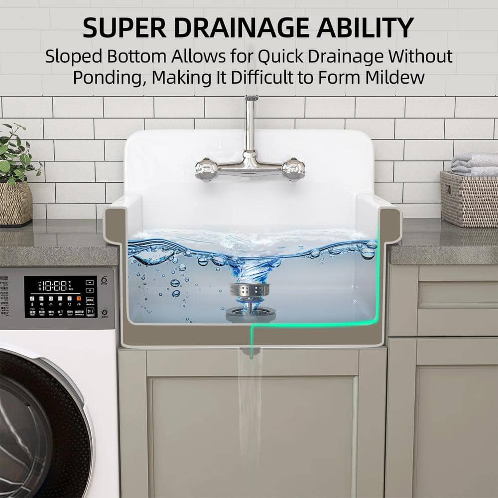 Getpro 24 in. Wall Mount Laundry Utility Sink in White - Farmhouse Ceramic with Bracket & Strainer