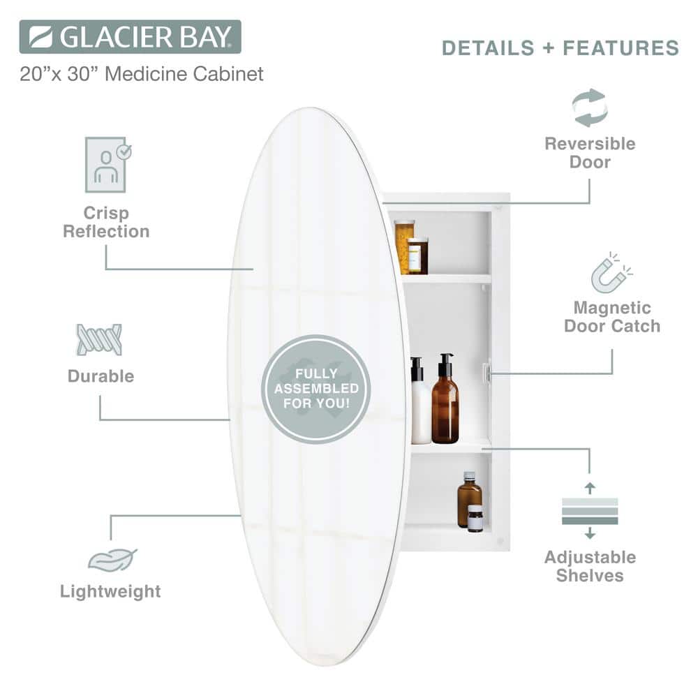 Glacier Bay 20 in. x 30 in. Frameless Recessed or Surface-Mount Bathroom Medicine Cabinet with Beveled Mirror, White