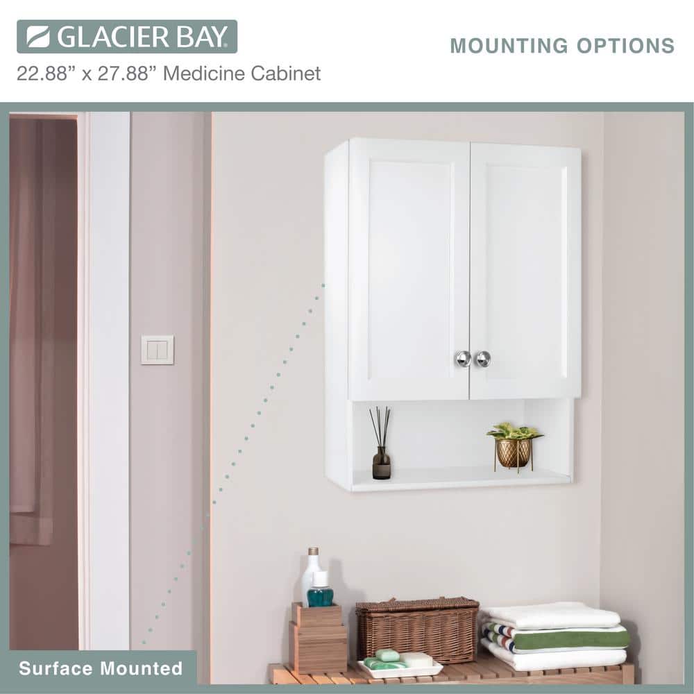 Glacier Bay 22-7/8 in. W. x 27-7/8 in. H Framed Surface-Mount Rectangular Bathroom Medicine Cabinet with Mirror, White