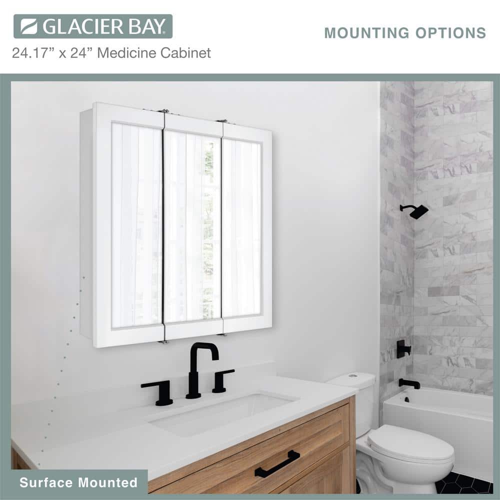 Glacier Bay 24-3/16 in. W x 24 in. H Framed Surface-Mount Tri-View Bathroom Medicine Cabinet with Mirror, White