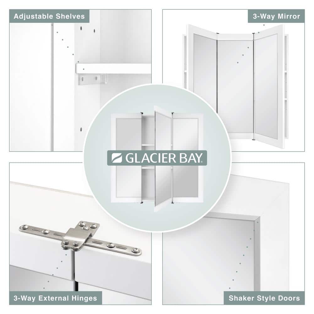 Glacier Bay 24-3/16 in. W x 24 in. H Framed Surface-Mount Tri-View Bathroom Medicine Cabinet with Mirror, White