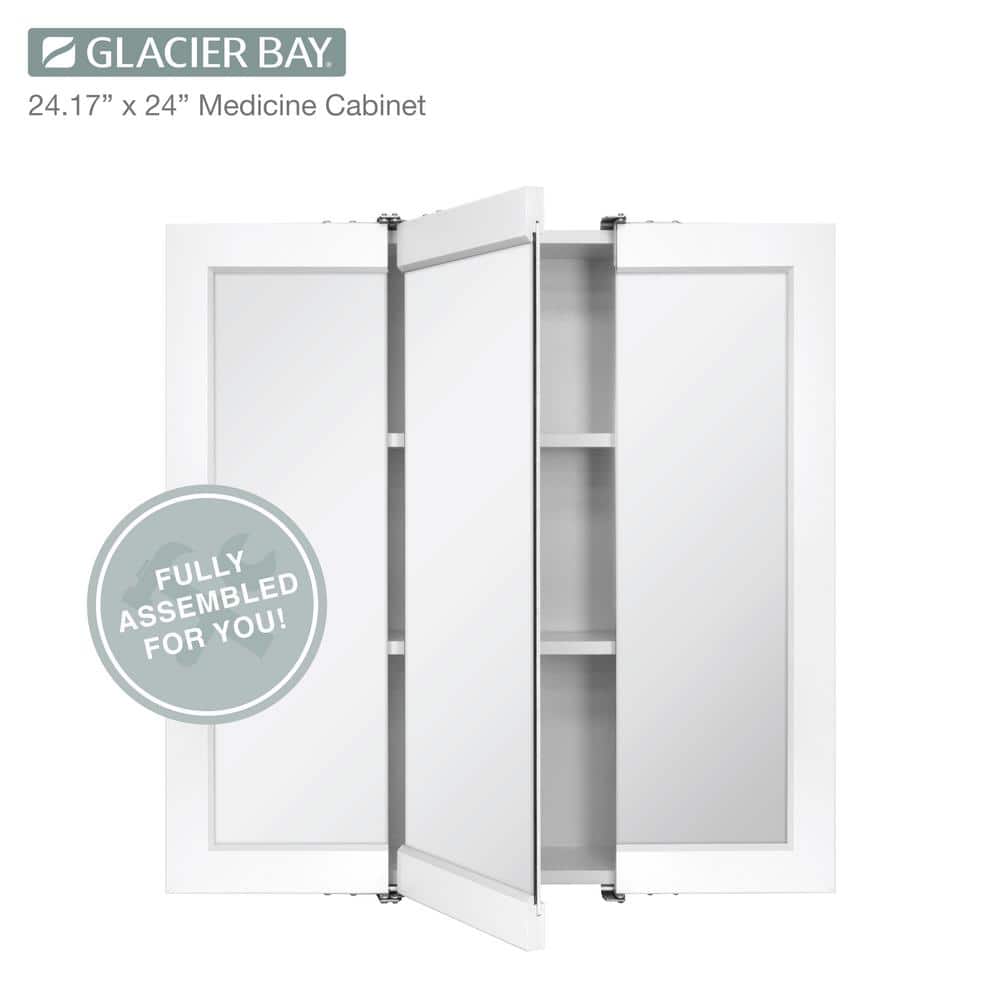 Glacier Bay 24-3/16 in. W x 24 in. H Framed Surface-Mount Tri-View Bathroom Medicine Cabinet with Mirror, White