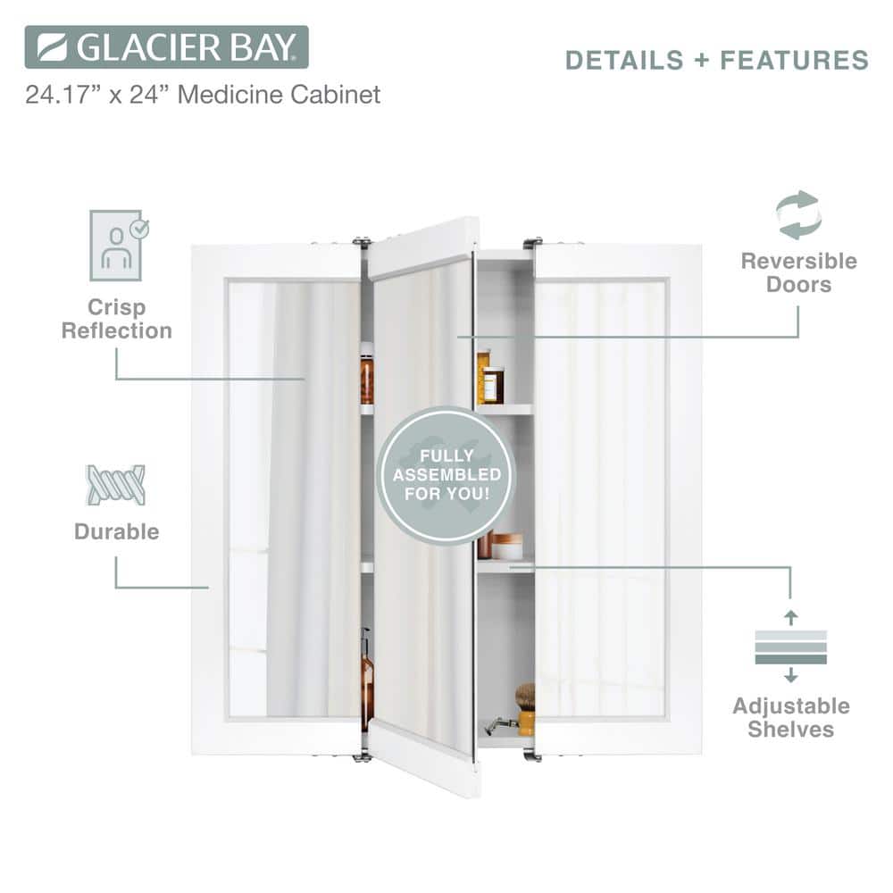 Glacier Bay 24-3/16 in. W x 24 in. H Framed Surface-Mount Tri-View Bathroom Medicine Cabinet with Mirror, White