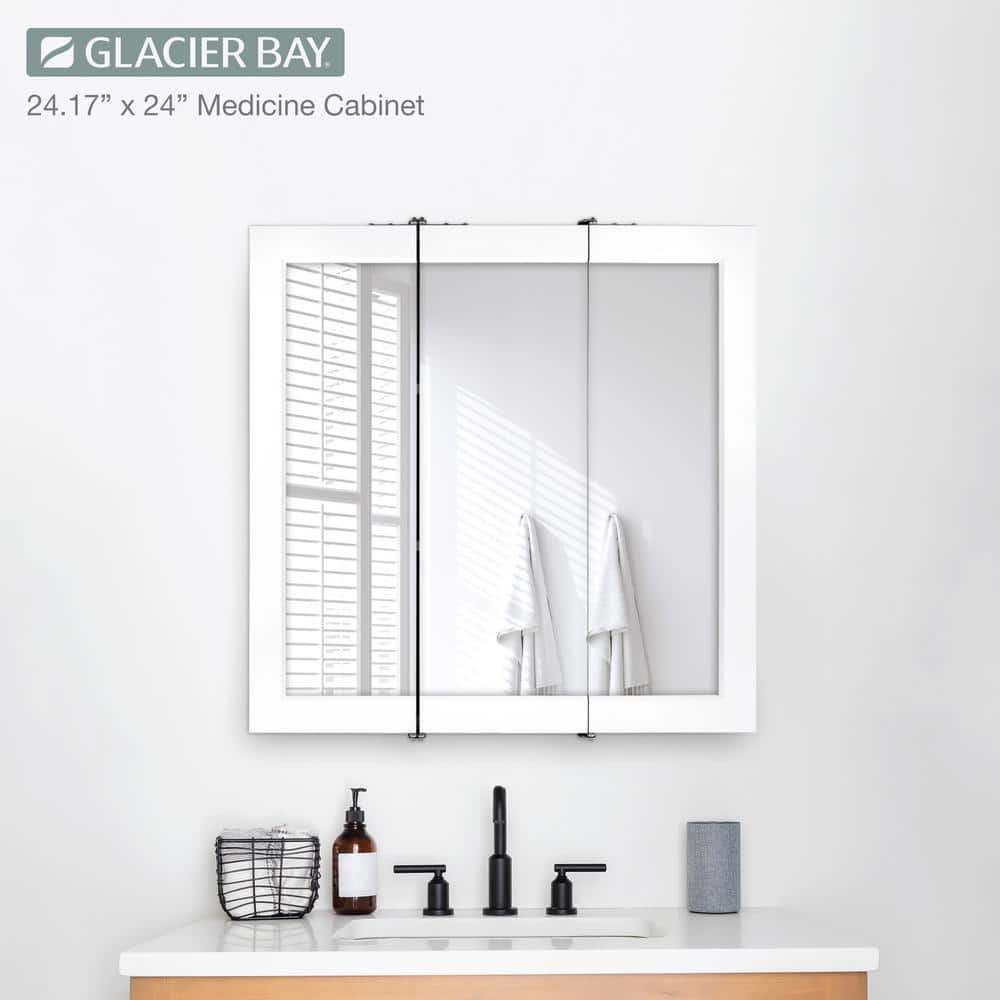 Glacier Bay 24-3/16 in. W x 24 in. H Framed Surface-Mount Tri-View Bathroom Medicine Cabinet with Mirror, White