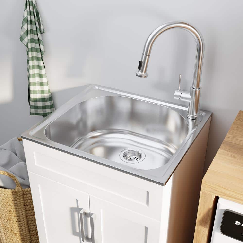 Glacier Bay All-in-One Stainless Steel Utility Sink with Faucet and Cabinet, White