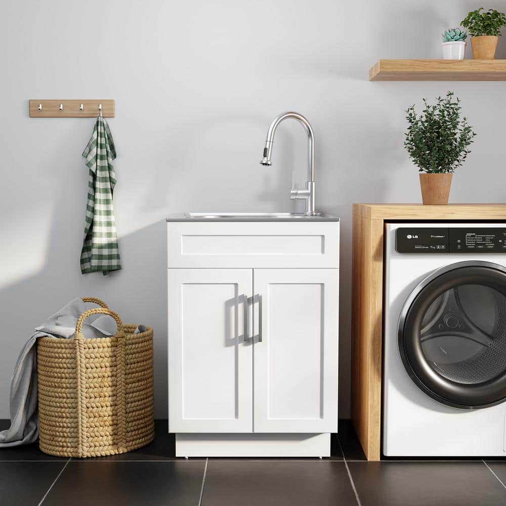 Glacier Bay All-in-One Stainless Steel Utility Sink with Faucet and Cabinet, White