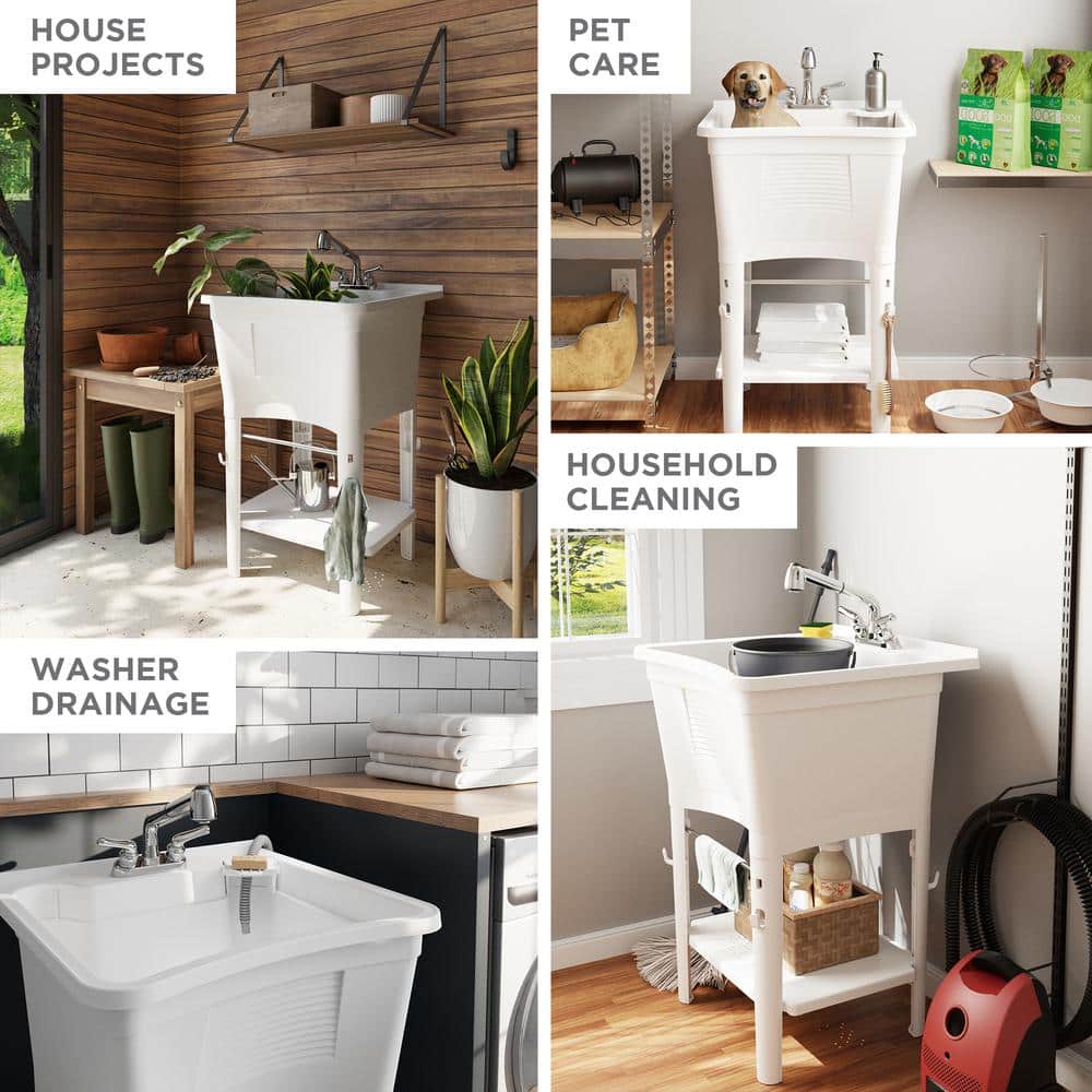 Glacier Bay 24.1 in White Laundry & Utility Sink Work Center with Chrome Faucet