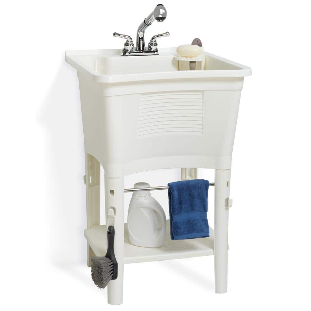 Glacier Bay 24 in. W x 14 in. D x 24 in. L Freestanding Laundry Sink in White with Pull-Out Faucet in Chrome