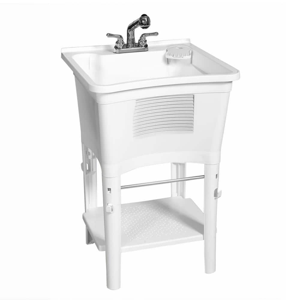 Glacier Bay 24 in. W x 14 in. D x 24 in. L Freestanding Laundry Sink in White with Pull-Out Faucet in Chrome