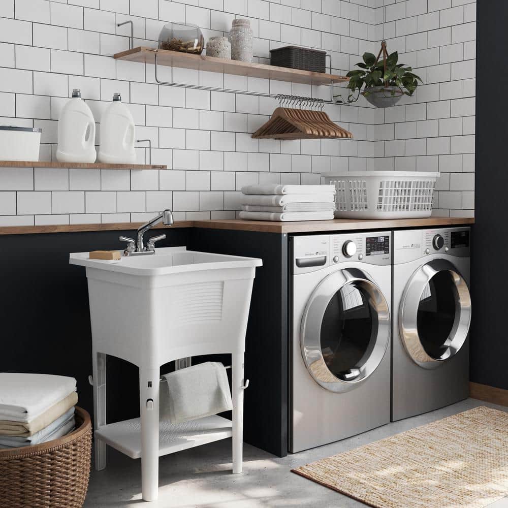 Glacier Bay 24 in. W x 14 in. D x 24 in. L Freestanding Laundry Sink in White with Pull-Out Faucet in Chrome
