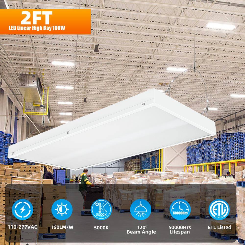 Honbei 2 ft. 500-Watt Equivalent Integrated LED White High Bay Light, 5000K Industrial Workshop Linear Hanging Light (6-Pack)
