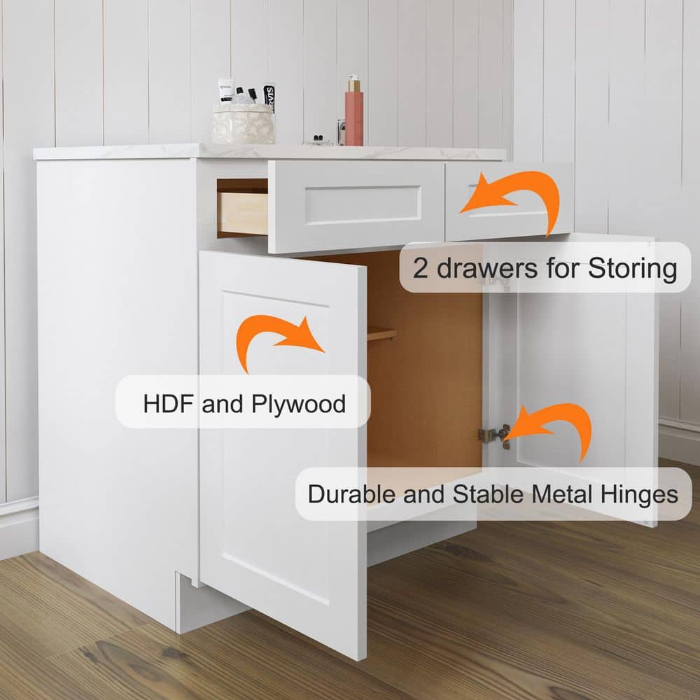 HOMEIBRO 33 in. W x 34-1/2 in. H x 24 in. D White Painted Shaker Style Ready to Assemble Base Cabinet with 2-Drawers