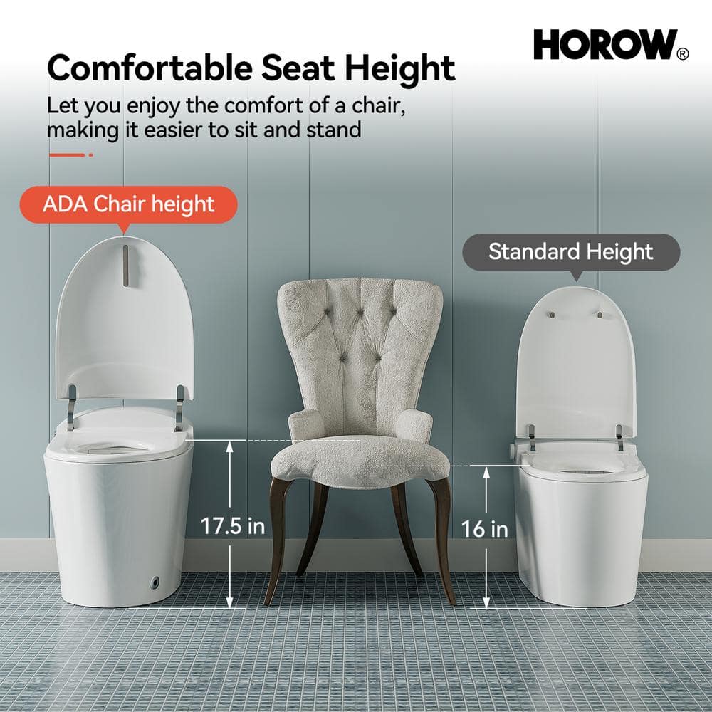 HOROW 1/1.27 GPF Tankless Smart Toilet Bidet with Dual Flush System, White