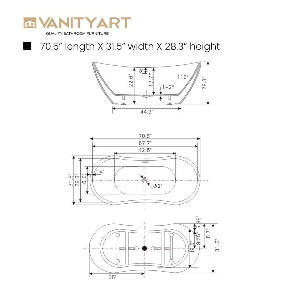 Vanity Art 71 in. Acrylic Flatbottom Freestanding Bathtub in White/Integrated Overflow