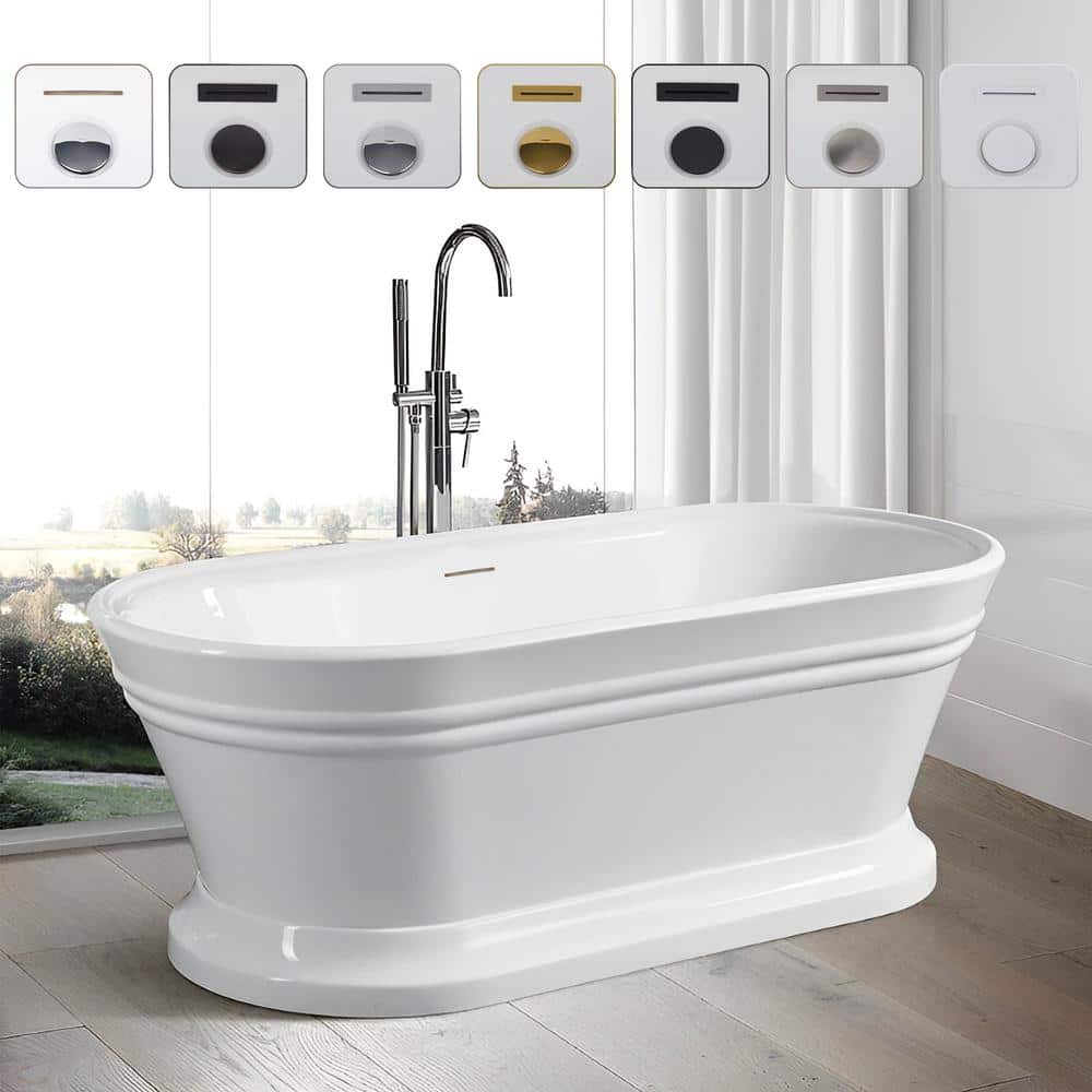 Vanity Art Versailles 59 in. Acrylic Flatbottom Freestanding Bathtub in White with Integrated Overflow