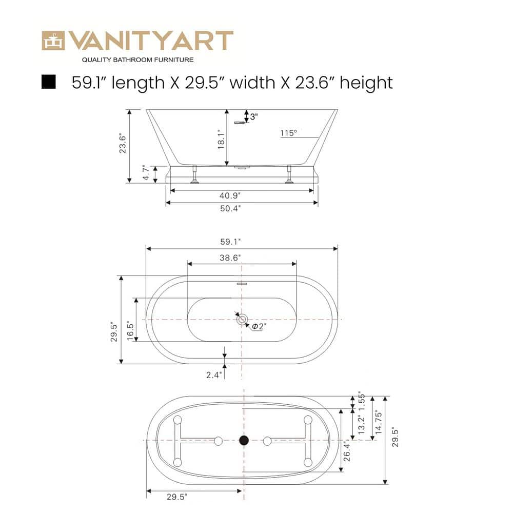 Vanity Art Versailles 59 in. Acrylic Flatbottom Freestanding Bathtub in White with Integrated Overflow