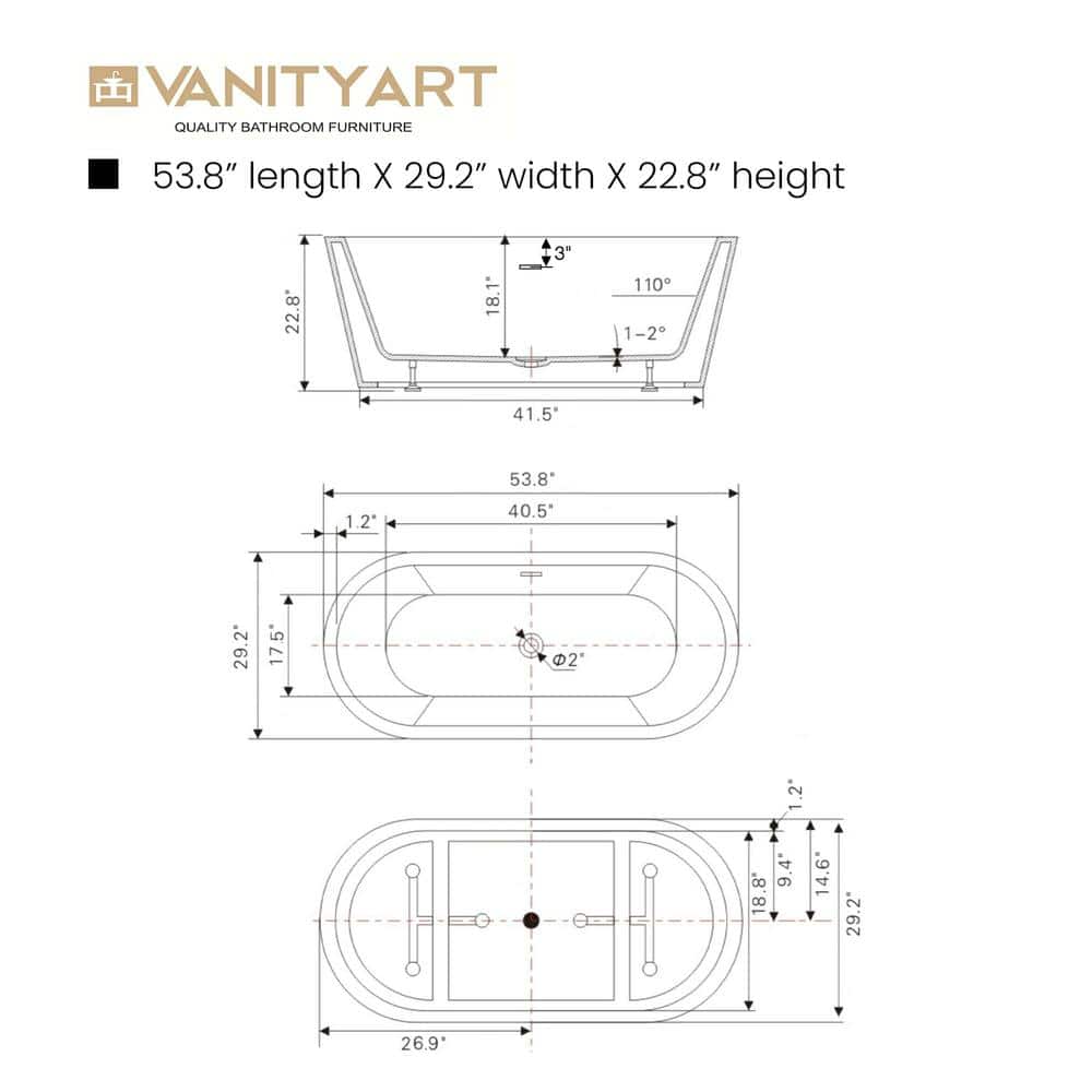 Vanity Art Domme 54 in. Acrylic Flatbottom Freestanding Non-Slip Bathtub in White/Integrated Overflow