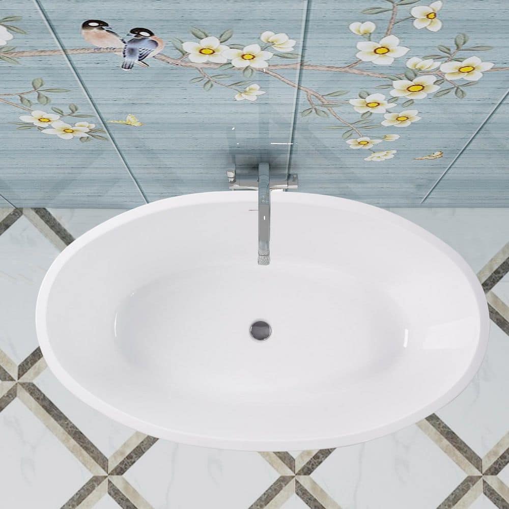 Vanity Art Calais 55 in. L x 32 in. W Acrylic Flatbottom Freestanding Bathtub with Center Drain in White/Integrated Overflow